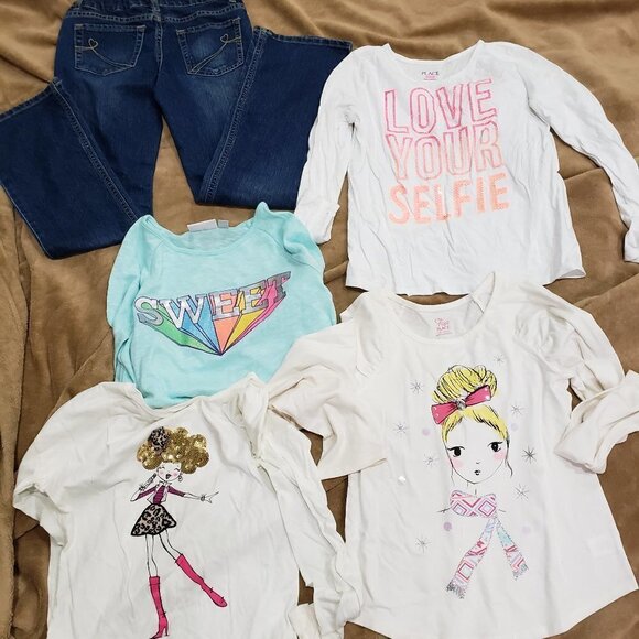 Bundle of 5, size  L/G 10/12 4 long Sleeve T-Shirts & Blue Jean Pants - Picture 1 of 7
